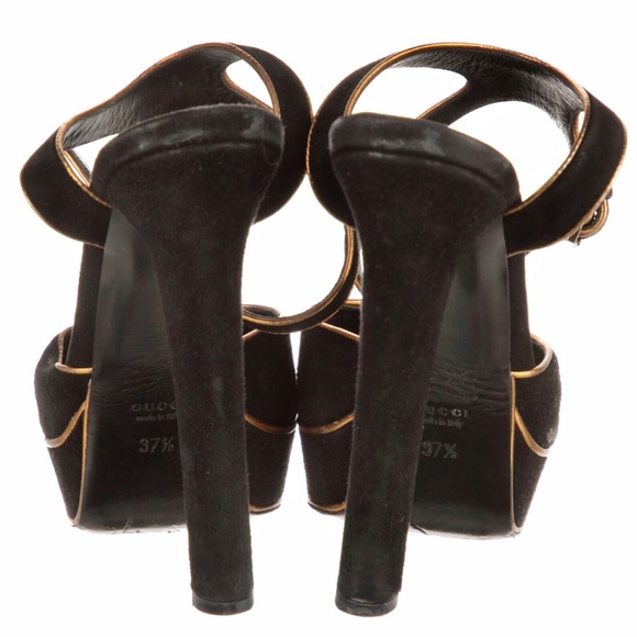 Gucci Black Suede w/ Gold Piping Huston Ankle Strap Platform Pumps - Picture 8 of 10